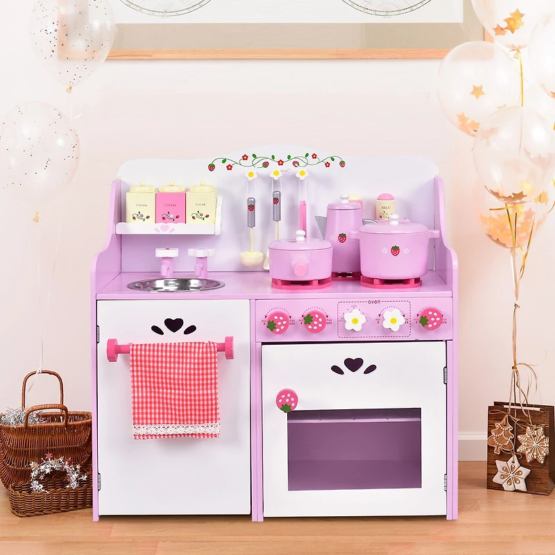 Kids Wooden Kitchen Toy Strawberry Pretend Cooking Playset