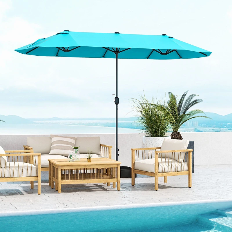 13 Feet Double-Sided Patio Twin Table Umbrella, Crank Handle - Turquoise