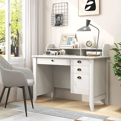 Vintage Computer Desk, Storage Shelves and 4 Drawers - White