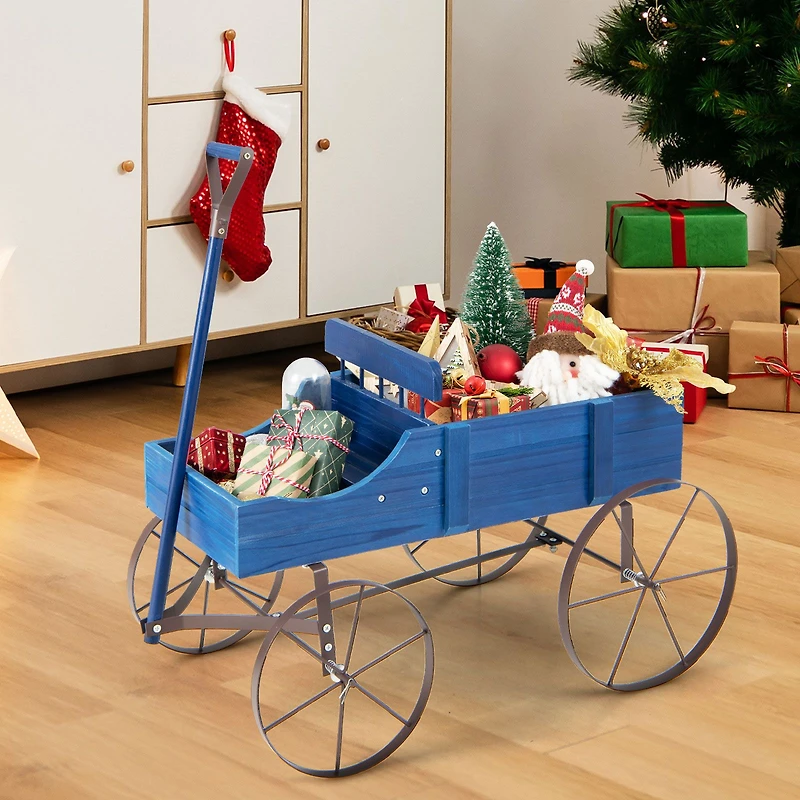 Wooden Wagon Plant Bed, Metal Wheels for Garden