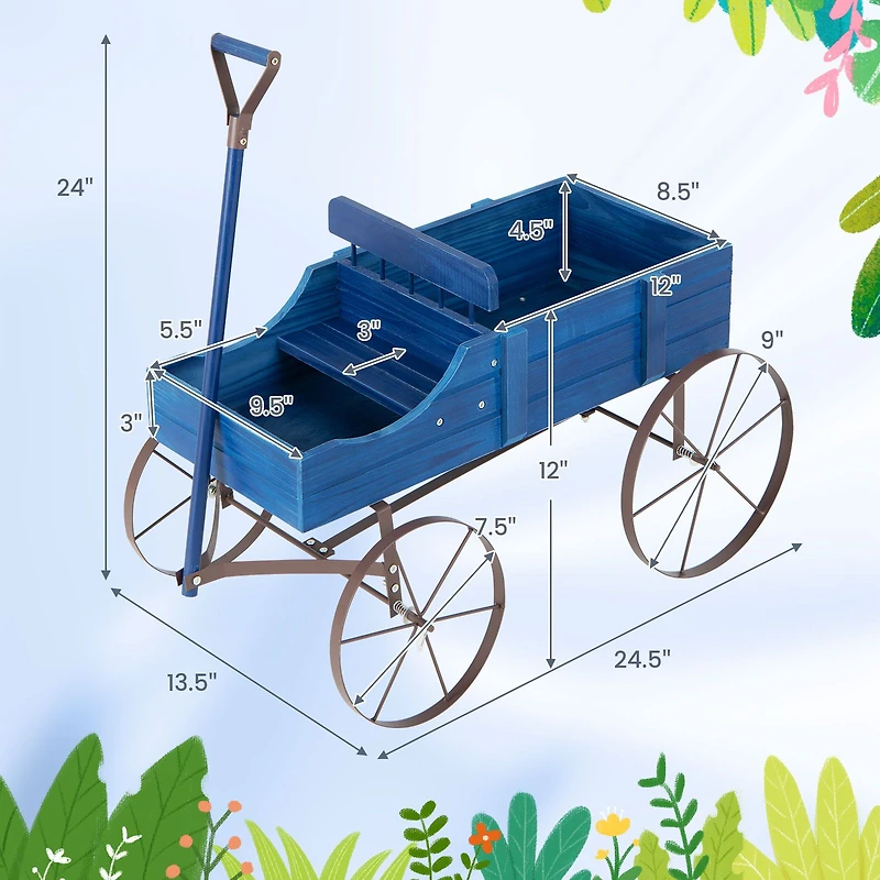 Wooden Wagon Plant Bed, Metal Wheels for Garden