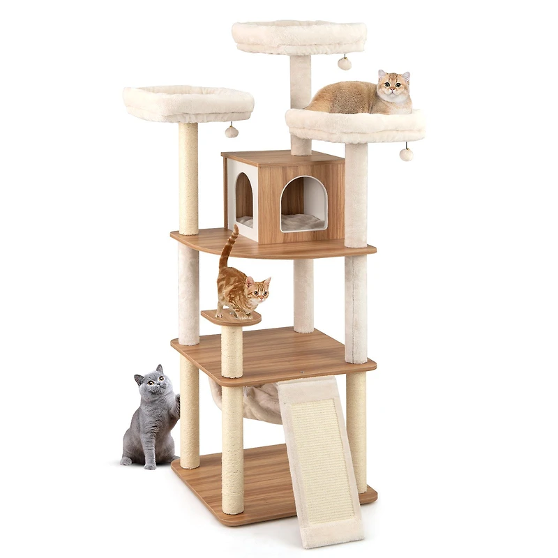 68" Tall Cat Tree, 3 Padded Perches Condo and Sisal Scratching Posts - Natural