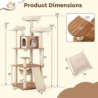 68" Tall Cat Tree, 3 Padded Perches Condo and Sisal Scratching Posts - Natural