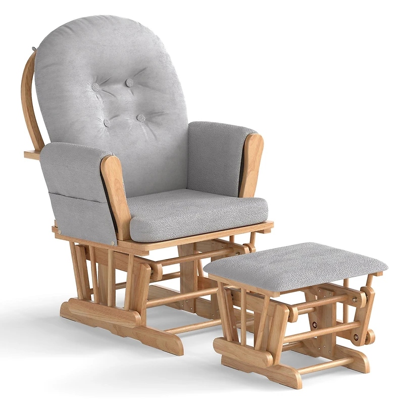 Ensemble fauteuil à bascule et pouf en bois, accoudoirs rembourrés et coussin amovible - Naturel