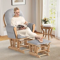 Ensemble fauteuil à bascule et pouf en bois, accoudoirs rembourrés et coussin amovible - Naturel