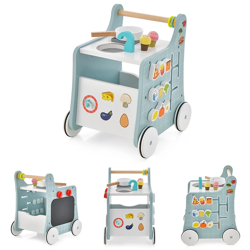 Poussette en bois 6 en 1, cuisine jouet pour enfants de plus de 12 mois - Bleu