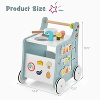 Poussette en bois 6 en 1, cuisine jouet pour enfants de plus de 12 mois - Bleu