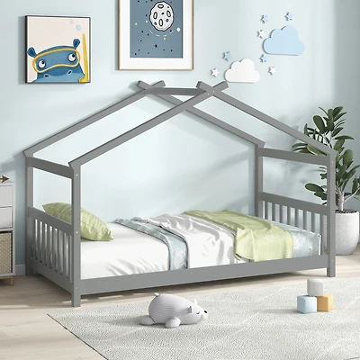 Twin Size Wooden House Bed with Roof