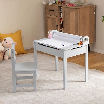 Wooden Kids Table and Chair Set, Storage and Paper Roll Holder - Gray