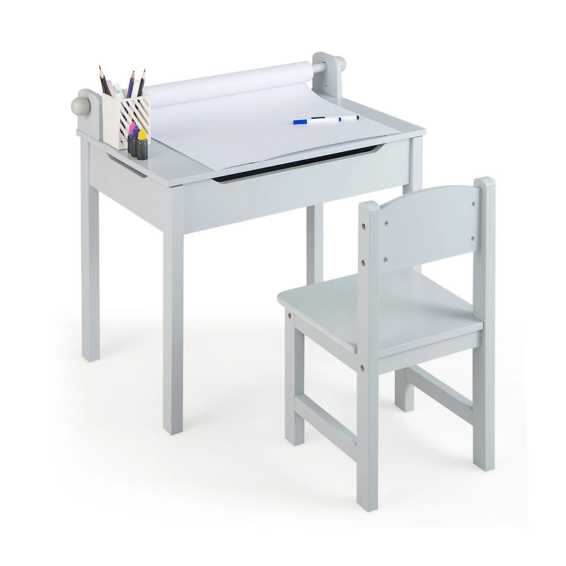 Wooden Kids Table and Chair Set, Storage and Paper Roll Holder - Gray