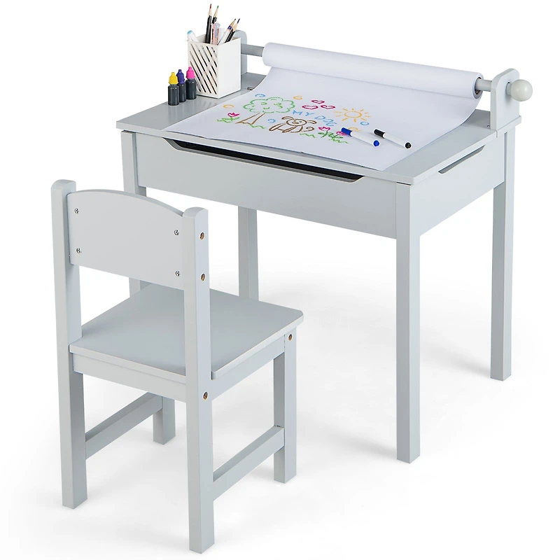 Wooden Kids Table and Chair Set, Storage and Paper Roll Holder - Gray