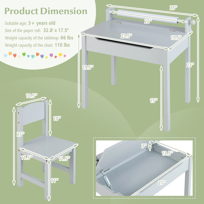 Wooden Kids Table and Chair Set, Storage and Paper Roll Holder - Gray