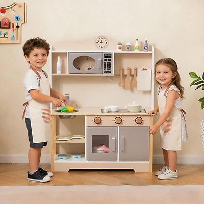 Wooden Play Kitchen Cooking Toy Playset, For Kids - White