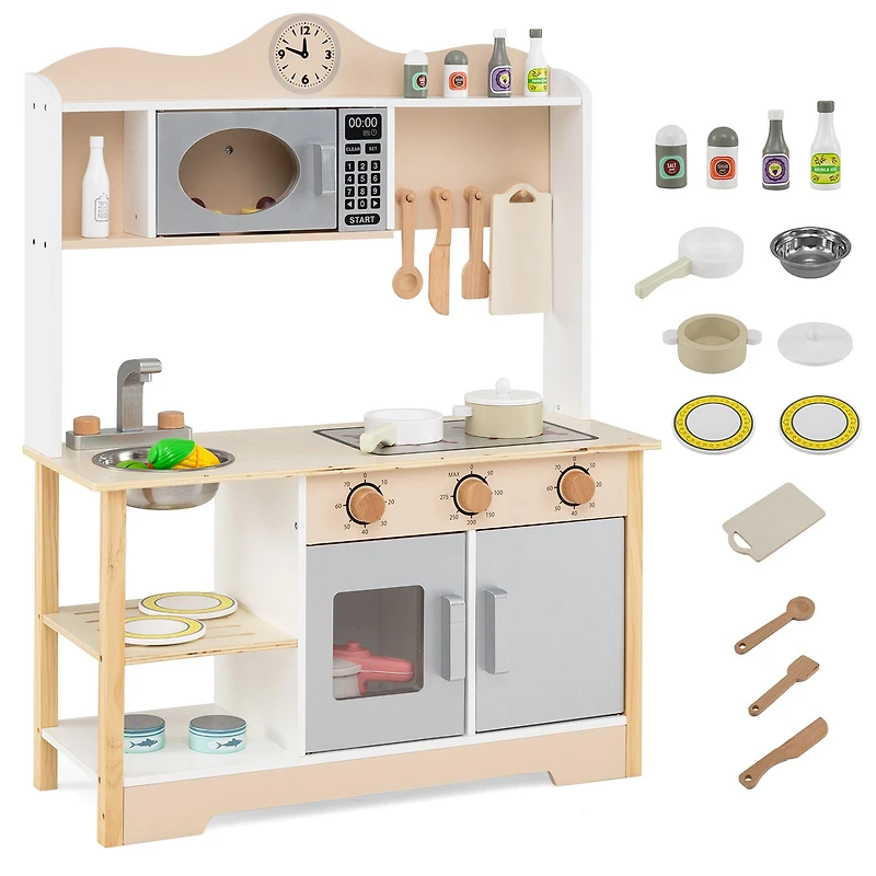 Wooden Play Kitchen Cooking Toy Playset, For Kids - White