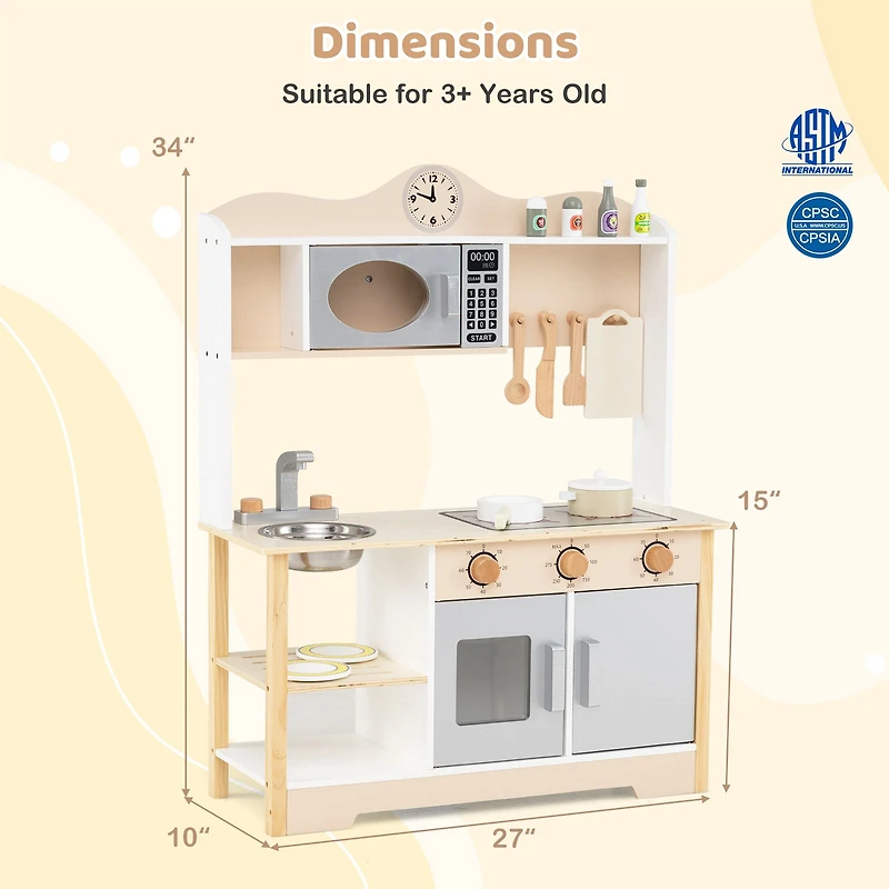 Wooden Play Kitchen Cooking Toy Playset, For Kids - White
