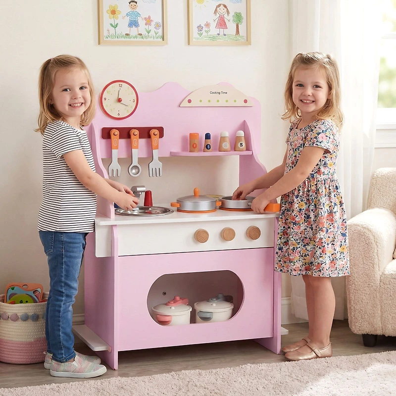 Wooden Play Kitchen for Kids Pretend Play Toy Kitchen Set, Clock Gift for Boys and Girls 3+ - Pink