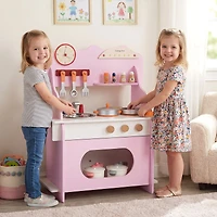 Wooden Play Kitchen for Kids Pretend Play Toy Kitchen Set, Clock Gift for Boys and Girls 3+ - Pink