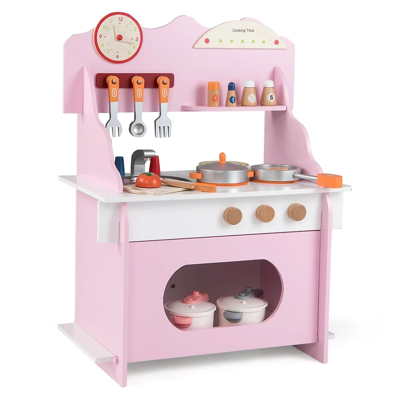 Wooden Play Kitchen for Kids Pretend Play Toy Kitchen Set, Clock Gift for Boys and Girls 3+ - Pink