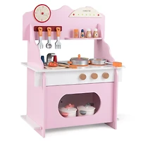 Wooden Play Kitchen for Kids Pretend Play Toy Kitchen Set, Clock Gift for Boys and Girls 3+ - Pink