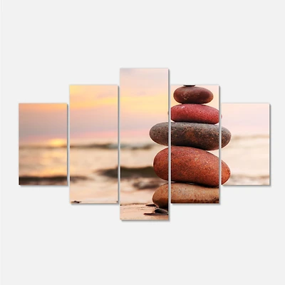 Stones Pyramid on Sand Symbolizing Zen Canvas Wall Art panels