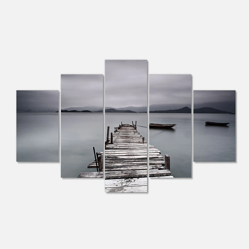 Pier and Boats at Seashore Canvas Wall Art