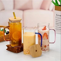 Square Glass with Bamboo Lid and Glass Straw, Set of 2