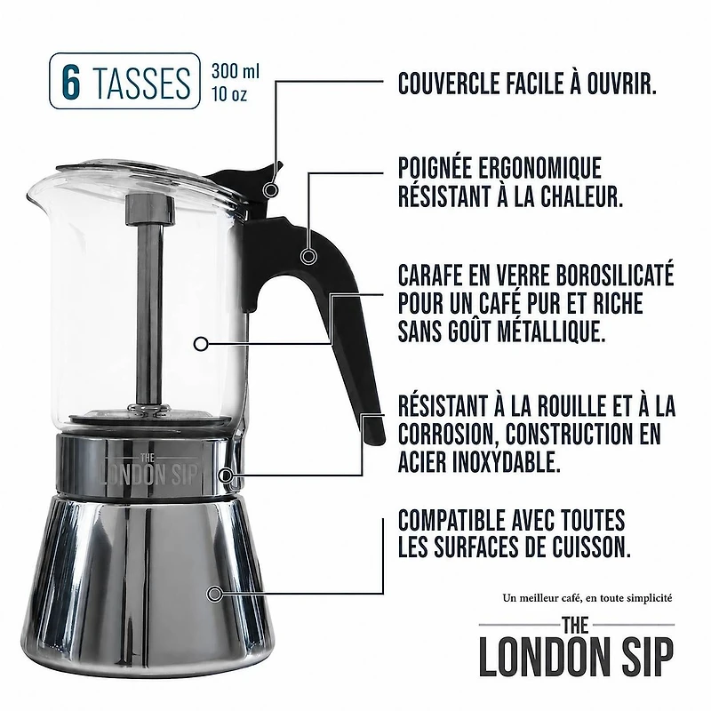 The London Sip® Cafetière italienne en verre pour expresso 6 tasses