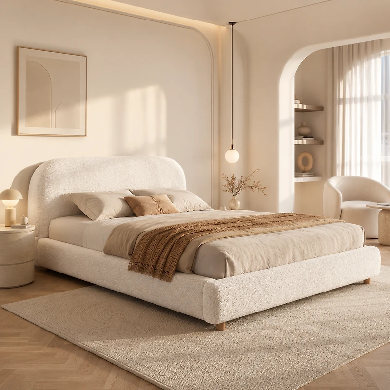 Modern Minimalist Loop-Pile Upholstered Bed Frame – King, Beige