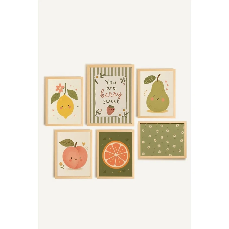 Oleka Petit Bonheur fruité Framed Canvas Wall Art, Set of 5 - Light Natural Wood Frame