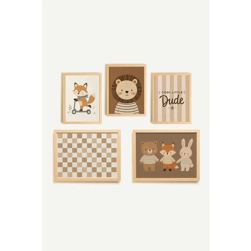 Oleka Cool Little Crew art mural sur toile encadrée, ensemble de 5 - Cadre en bois naturel clair