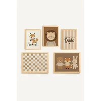 Oleka Cool Little Crew art mural sur toile encadrée, ensemble de 5 - Cadre en bois naturel clair