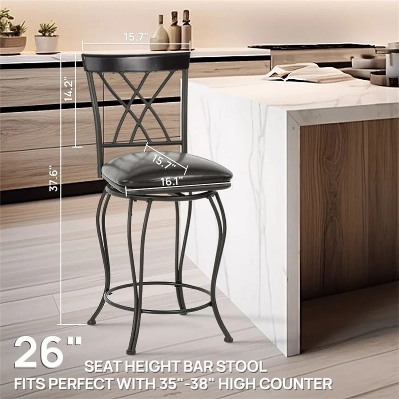 Set of 2 Black Faux Leather Swivel 26" Counter Barstools by Maison Classique