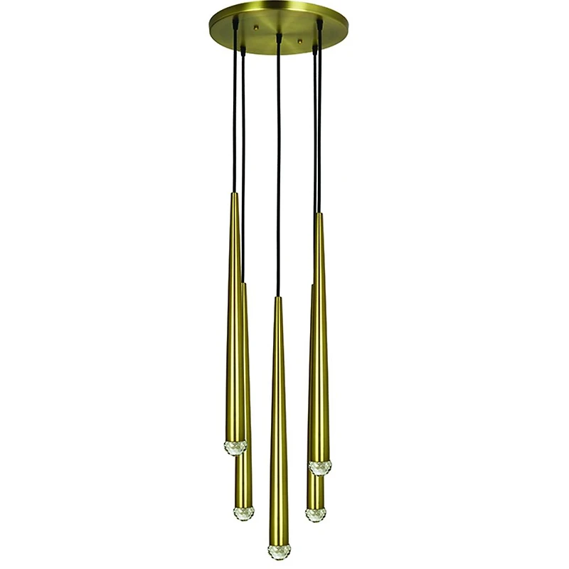 Round Satin Brass Pendant Light with 5 LED Pendulums
