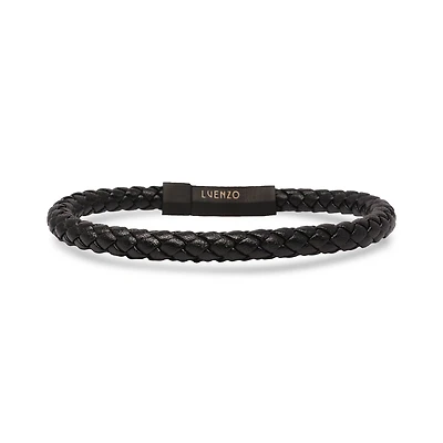 Bracelet simple en cuir véritable noir mat par Luenzo