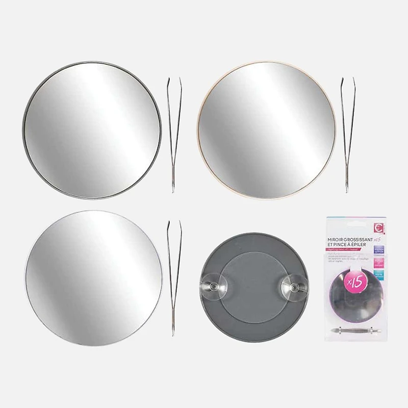 Miroir grossissant 15X à ventouse avec pince à épiler