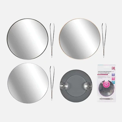 Miroir grossissant 15X à ventouse avec pince à épiler