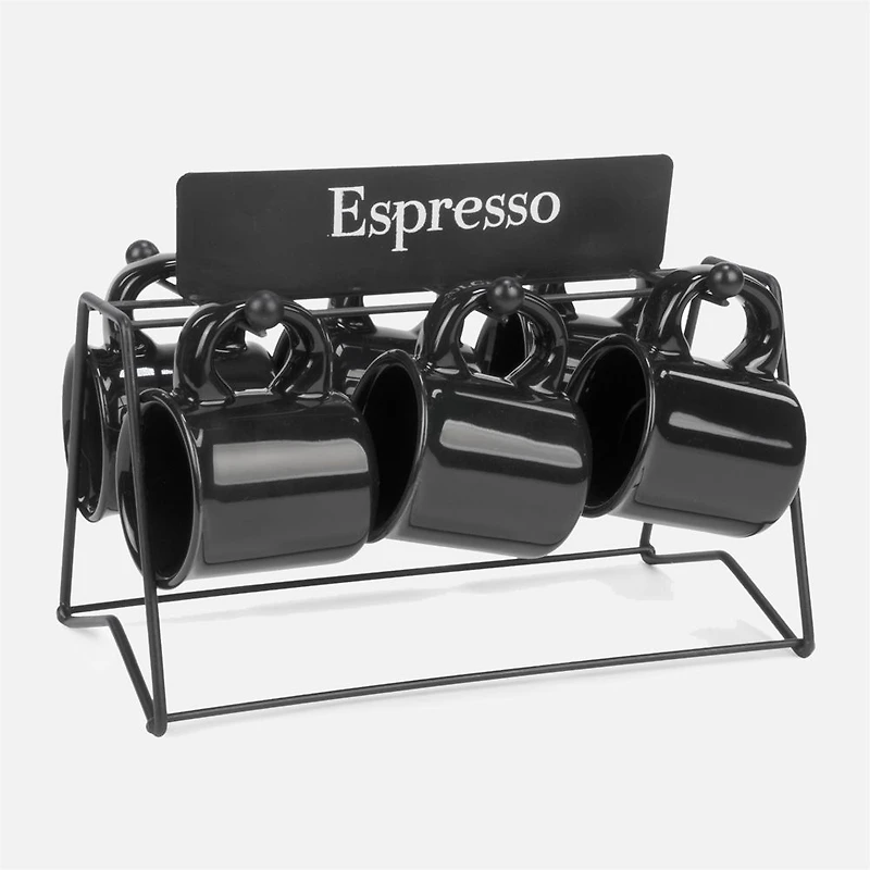 Espresso Cups and Holder, Set of 6 - Black Matte