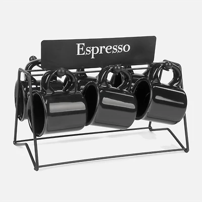 Espresso Cups and Holder, Set of 6 - Black Matte