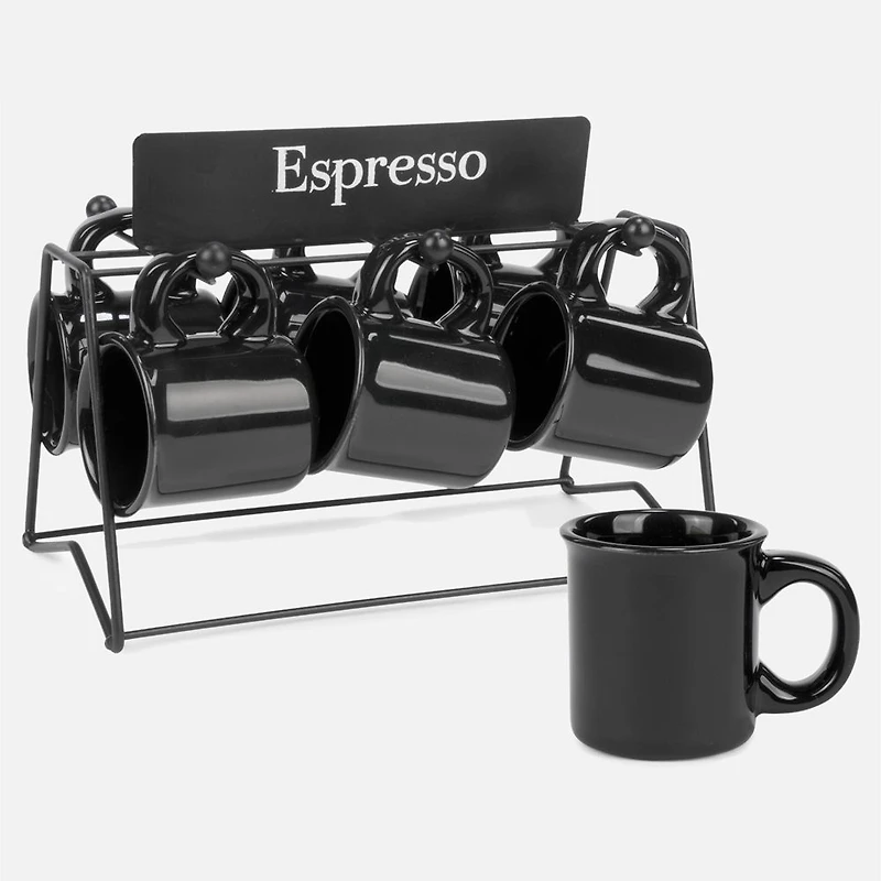 Espresso Cups and Holder, Set of 6 - Black Matte