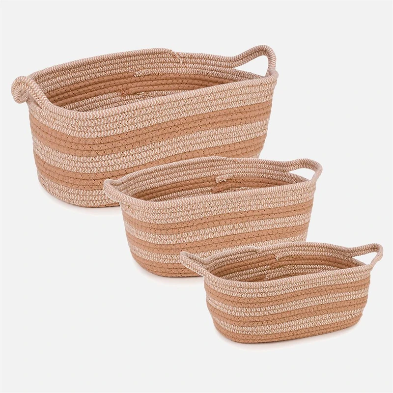 Set of 3 Storage Baskets - Light Brown Stripes
