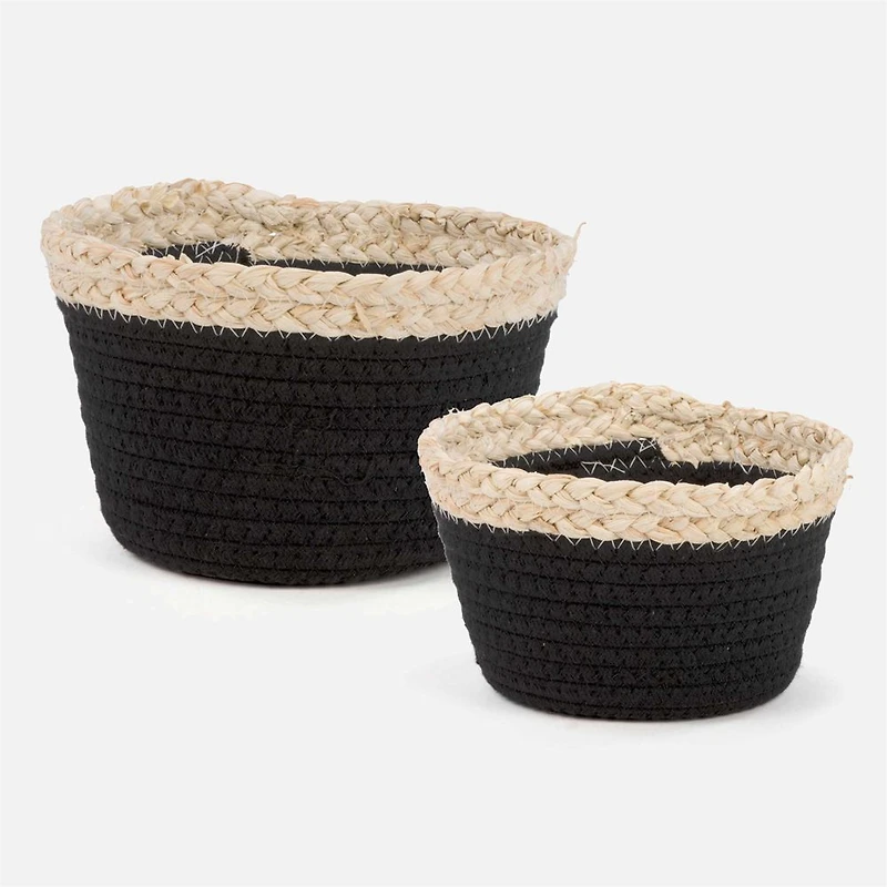 Set of 2 Storage Baskets with Natural Trim - Black