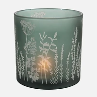 Green Frosted Glass Candle Holder with Wildflowers Decal