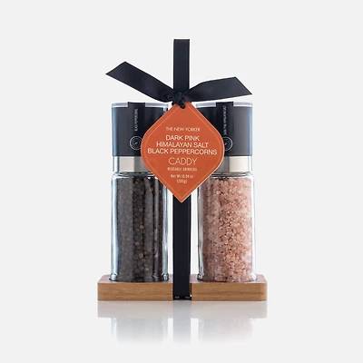 The New Yorker Dark Pink Himalayan Salt and Black Peppercorn Set with Caddy
