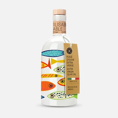 Extra Virgin Olive Oil in Ceramic Bottle, Color Fish - 400 ml, 8"