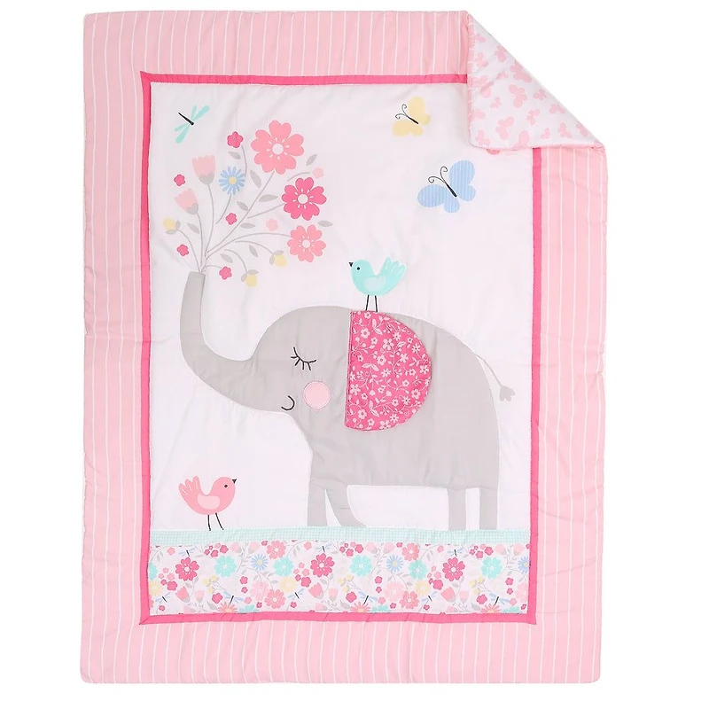 Baby Crib Bedding Set - Pink & Grey Elephant
