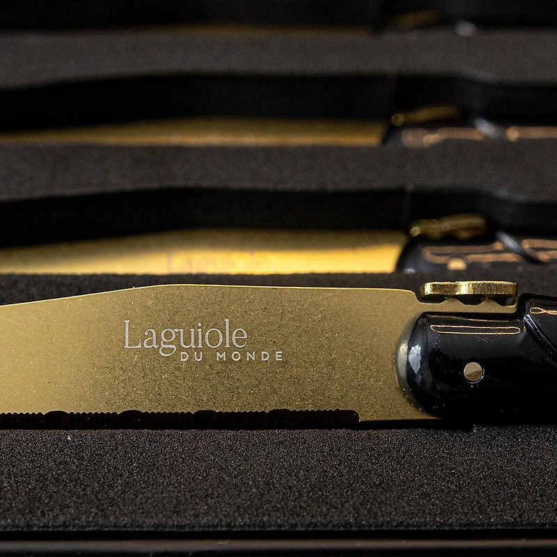 Set of 4 Gold on Black Laguiole Du Monde Designer Steak Knives