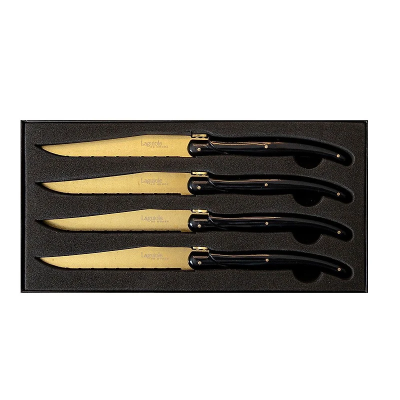 Set of 4 Gold on Black Laguiole Du Monde Designer Steak Knives