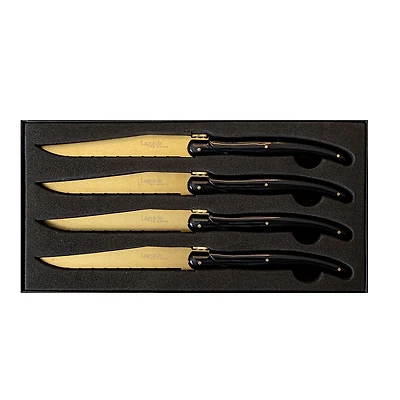 Set of 4 Gold on Black Laguiole Du Monde Designer Steak Knives