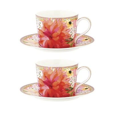 Set of 2 Dahlia Pink Cups & Saucers by Maxwell & Williams (240 ml)
