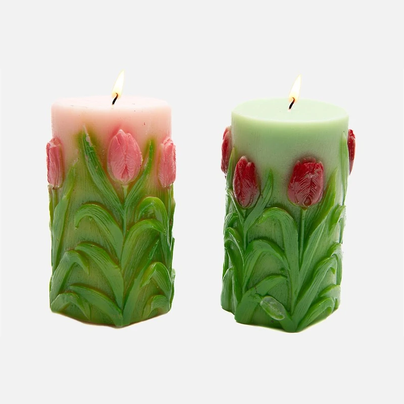 Bougie pilier en cire non parfumée en forme de tulipe gravée, grande - Assortie